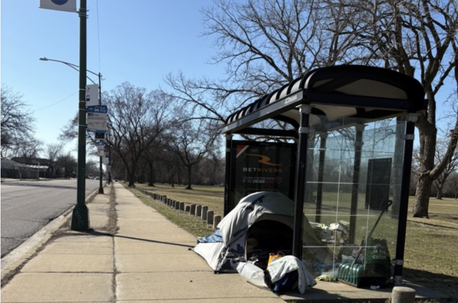 Homeless man in bus shelter photo